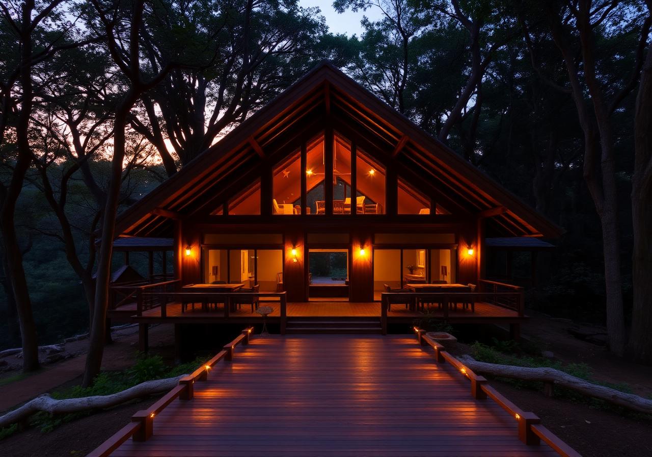 Luxury jungle safari resort at sunset